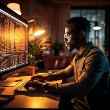 Firefly A Black man focused on Marketing digital in a modern workspace. Warm golden-yellow light sof Firefly A Black man focused on Marketing digital in a modern workspace. Warm golden-yellow light sof