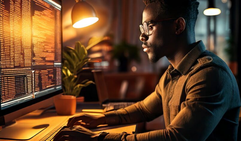 Firefly A Black man focused on Marketing digital in a modern workspace. Warm golden-yellow light sof Firefly A Black man focused on Marketing digital in a modern workspace. Warm golden-yellow light sof
