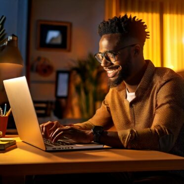 Firefly A Black man focused on creating a WordPress website on his laptop in a modern workspace. War Firefly A Black man focused on creating a WordPress website on his laptop in a modern workspace. War