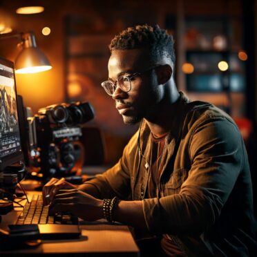 Firefly A Black man working on audiovisual production in a creative studio, surrounded by camera equ Firefly A Black man working on audiovisual production in a creative studio, surrounded by camera equ