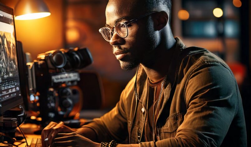 Firefly A Black man working on audiovisual production in a creative studio, surrounded by camera equ Firefly A Black man working on audiovisual production in a creative studio, surrounded by camera equ
