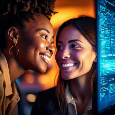 Firefly Two Black women smiling and working together in a warmly lit modern office, looking at a glo Firefly Two Black women smiling and working together in a warmly lit modern office, looking at a glo