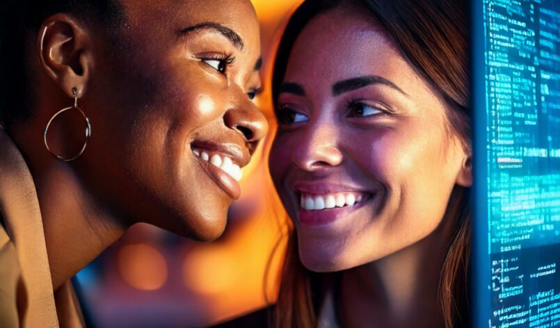 Firefly Two Black women smiling and working together in a warmly lit modern office, looking at a glo Firefly Two Black women smiling and working together in a warmly lit modern office, looking at a glo